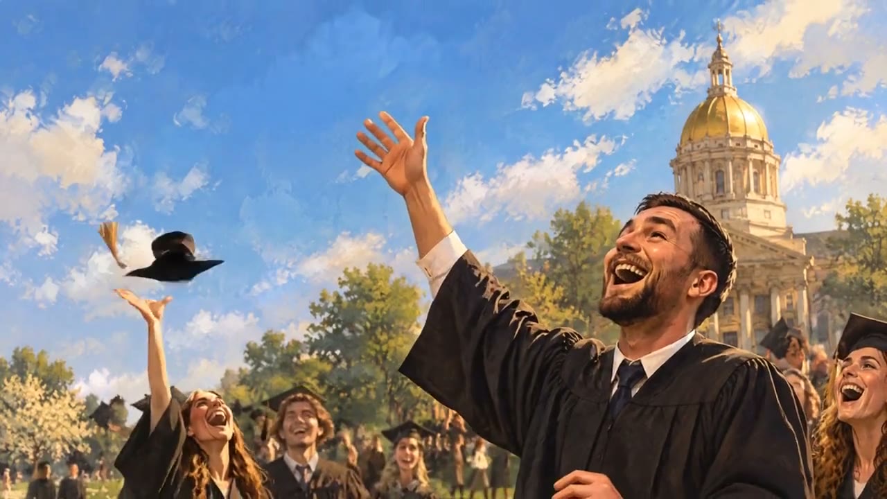Painted Andy tossing his graduation cap in front of a gold-domed building