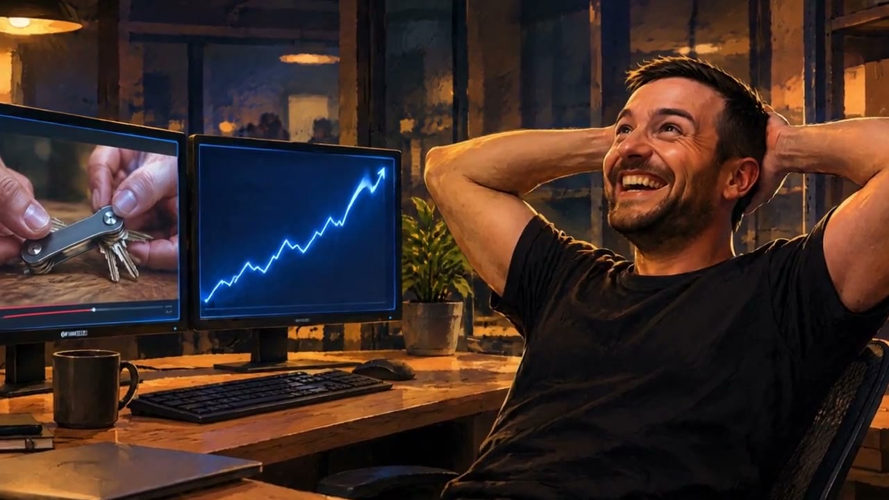 Painted Andy leaning back as a sales chart climbs on his monitor