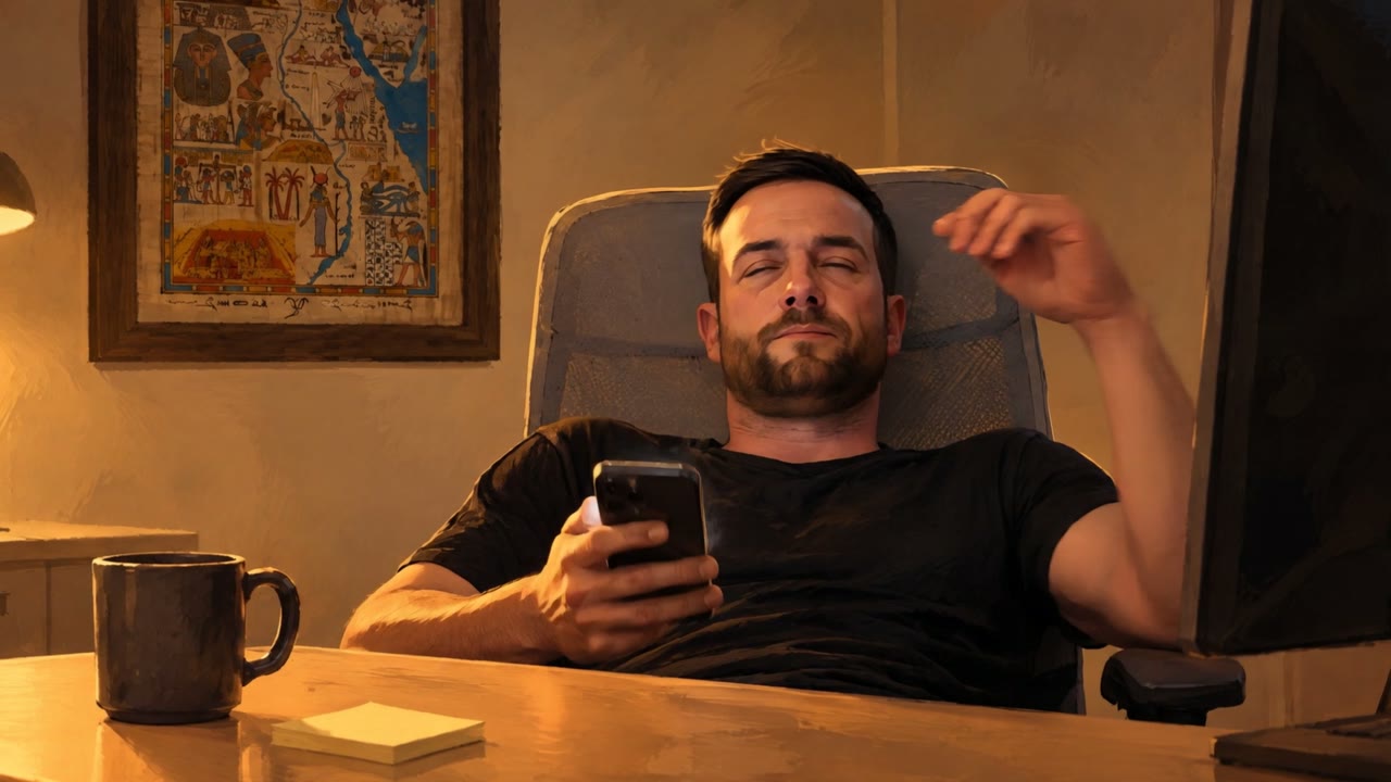 Painted Andy at his desk, rubbing his eyes